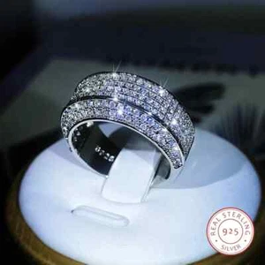 White Zircon Full Stone Ring for Women Silver Tone Couple Style Jewelry - Picture 1 of 7