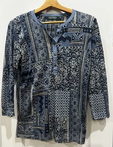 Top patchwork LAUREN RALPH LAUREN blu donna manica lunga L - delicatamente indossato - Foto 1 di 3