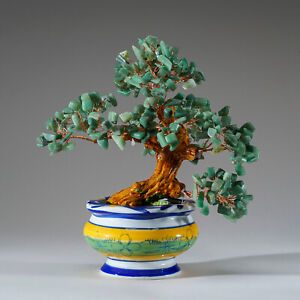 Genuine Green Aventurine Gemstone Bonsai Tree in Round Ceramic Pot (8.5”)