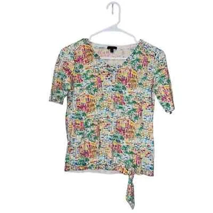 Talbots Damen XS Santorini Griechenland Print Baumwolle Top Kurzarm V-Ausschnitt Bindesaum - Bild 1 von 3