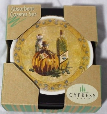 Juego de 4 posavasos de piedra absorbente Cypress Home Cucina Italiana con carrito de madera de goma Foto 1 de 4