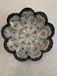 Antique Nippon Hand Painted Gold Cobalt Blue PINK & YELLOW FLOWERS Serving Bowl - Picture 1 of 5