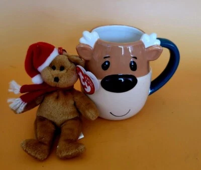 Taza en forma de reno con un oso gorro Jingle, taza es de 4,5"x3", TY es de 5" de alto Foto 1 de 2