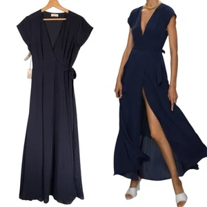 NWT Babaton Aritzia LEXIA Long Wrap Dress Womens SIZE LARGE Indigo Blue Pockets - Picture 1 of 12