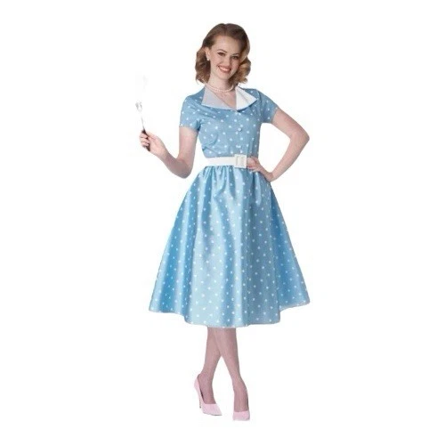 Retro Años 50 Ama de Casa Amas de Casa Azul Lunares Vestido Halloween Disfraz Mujeres L-XL Foto 1 de 1