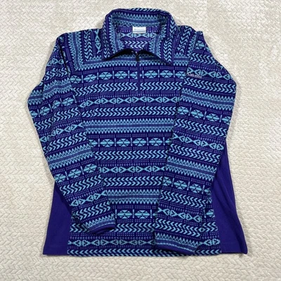 Columbia Mujer Lg Media Cremallera Pullover Polar Chaqueta Púrpura Verde azulado Geométrico Azteca Foto 1 de 4