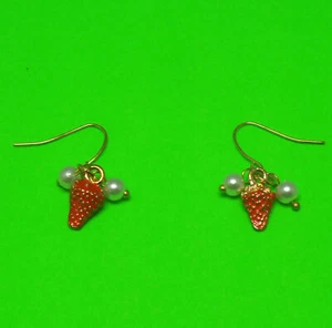 Pretty Red Strawberry & Cream/White Faux Pearls Gold Tone Hook Earrings: UK - Picture 1 of 7