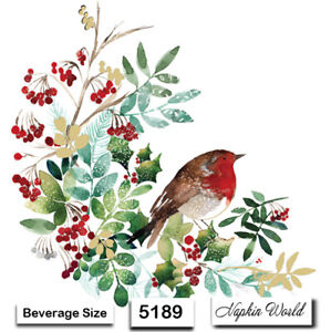 (5189) TWO Individual Paper BEVERAGE / COCKTAIL Decoupage Napkins - ROBIN BIRD