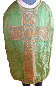 chasuble ancienne verte soie et broderie silk brocade clergy preist robe - Picture 1 of 7