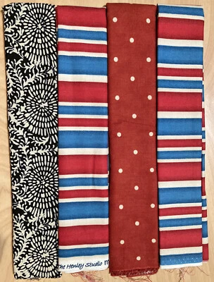 Vintage Lot of 4 Fat Quarters Cotton Fabric Blue Red White Stripe Variety Lot #9 - Image 1 of 3