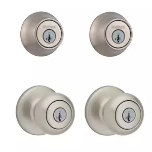 Cove Satin Nickel Keyed Entry Door Knob and Single Cylinder Deadbolt Project Pac - Picture 1 of 12