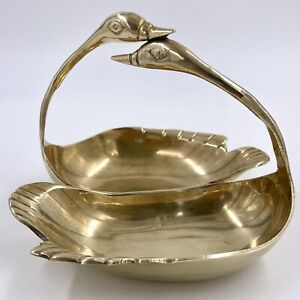 Vintage Solid Brass Basket Nut Candy Dish Double Swan Bowl Bird Trinket Caddy