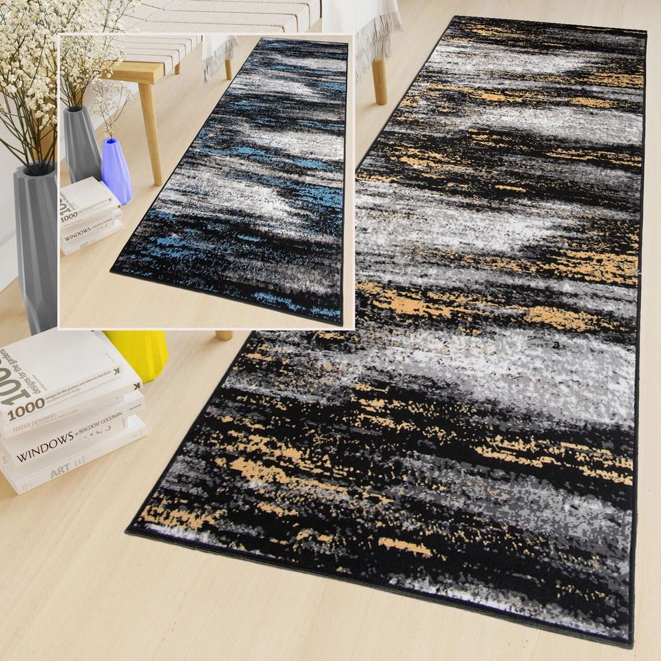 Alfombra corredor moderno piso corto abstracto amarillo azul patrón borroso pasillo NUEVO - Imagen 1 de 1