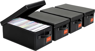 Caja de almacenamiento de DVD - Estuche de DVD de cuero sintético negro con tapa - Organizador de estante de DVD para Foto 1 de 4