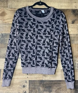 Black Cat Sweater All Over Print Cropped Metallic US 10 Divided H&M - Picture 1 of 5