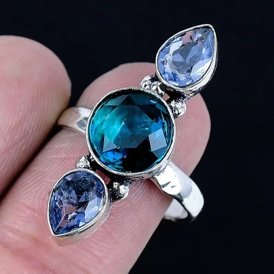 Elegante Anillo de Cuarzo de Iolita, Piedras Preciosas de Amatista Plata de Ley 925 Talla 8 H602 Foto 1 de 2
