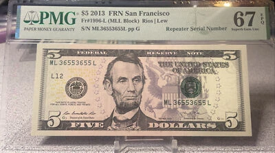✅ 2013 $5 FRN  ( San Francisco “L”) Fancy Repeater  36553655  PMG 67EPQ - Image 1 of 4