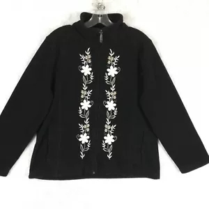 Carolyn Taylor Womens Fleece Jacket Black Floral Embroidered Full Zip M - Picture 1 of 10