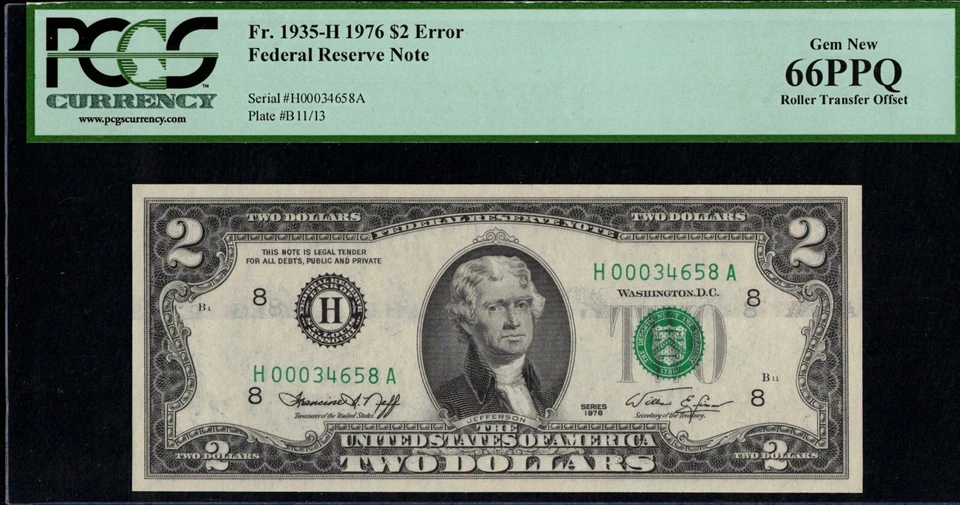 1976 $2 FRN "ROLLER OFFSET" PC.G.S #66PPQ - Image 1 of 3