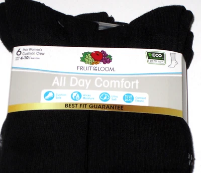 6 Pairs Womens Fruit of the Loom Crew Socks All Day Comfort Black Fit Shoe 4-10 - Image 1 of 3