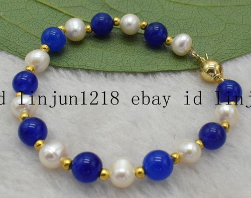 VALENTINO Braccialetto perle bianche giada blu 8 mm 7 8 mm 7 5''