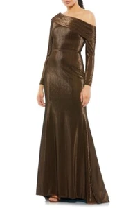 NEW IEENA FOR MAC DUGGAL METALLIC OFF-THE-SHOULDER TRUMPET GOWN SIZE 4 CHOCOLATE - Picture 1 of 3