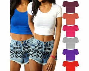 WOMEN'S CAP SLEEVE CROP TOP PLAIN BASIC STRETCHY TEE T-SHIRT SHORT VEST TOP - Picture 1 of 1