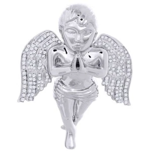 Genuine Diamond Angel Slide Pendant Sterling Silver Mens 2 Inch Charm 0.85 Ct. - Picture 1 of 5