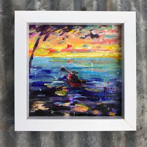 Color Immersion • Original Painting Art Framed 5x5" • kyak rowing water sunset - Picture 1 of 5