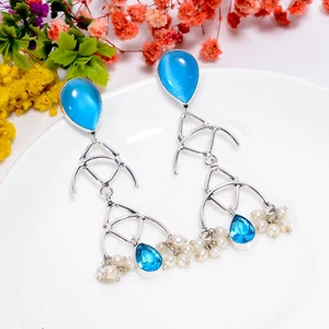 Sky Blue Cats Eye Blue Topaz Gemstone 925 Sterling Silver Earrings 2.8" e075 - Picture 1 of 5