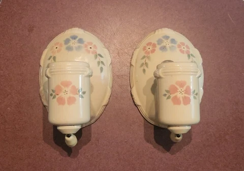 Vtg Raised Floral Ceramic Porcelain Flush Mount Light Fixture Sconce w/ Plug in Cover
