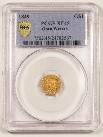 United States (US) 1849 Liberty $1 Gold Coin PCGS XF45 Type 1 Open Wreath Cover