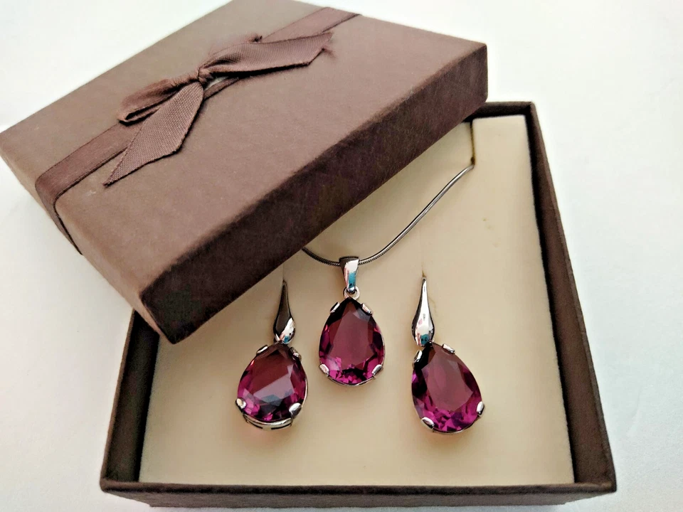 GIOIELLI ARGENTO 925 CON PIETRA AMETISTA. Collana e orecchini. - Immagine 1 di 4