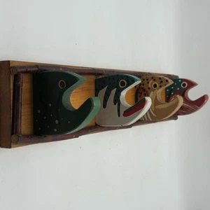 Soporte de caña de pescar vintage de madera pintado a mano soporte de pared abrigo colgante estante - Imagen 1 de 16