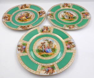 ANTIQUE SET OF 3 HAND-PAINTED FSC CARLSBAD PORCELAIN CZECH GREEN COURTSHIP PLATE - Picture 1 of 16