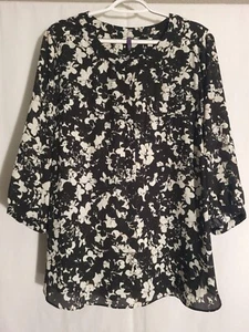 NYDJ-Black White Floral 3/4 Sleeve 1/2 Button Top Blouse-1X - Picture 1 of 6