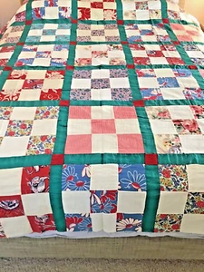 VTG Quilt Top Depression Era Feedsack Nine Patch Hand Pieced 70.5" X 85" - Picture 1 of 18