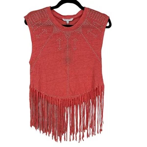Top naranja de lino con flecos y cuentas Rebecca Minkoff Gemini para mujer XS NUEVO CON ETIQUETAS - Imagen 1 de 9