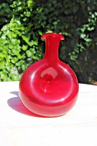 1960s Hand Blown Glass Bischoff Ruby Red Pinched Center Decanter — No Stopper - Picture 1 of 14