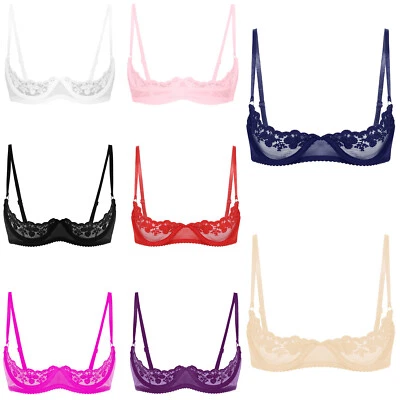Sexy Women Floral Lace Underwired Unlined Shelf Bra Sheer 1/4 Push Up Cup Bra UK - Image 1 of 4