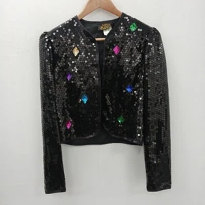 Gina Bacconi Vintage Sequin Jacket Size UK 12 Black Multi Sparkly Party - Picture 1 of 7
