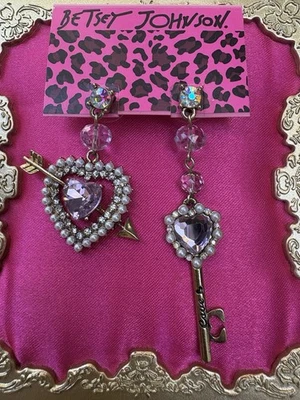 Betsey Johnson Cupid's Arrow Pink Crystal Gold Heart Key Pearl Mismatch Earrings - Image 1 of 2