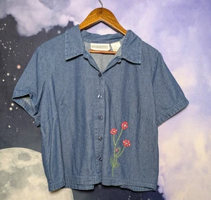 Vintage Dressbarn Denim Knopfleiste Oberteil 2x bestickt Blumen Y2K Cottagecore - Bild 1 von 6
