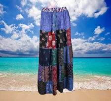 Women Vintage Assorted Maxi Patchwork Skirt, Bohemian Summer Skirts, Blue S/M/L