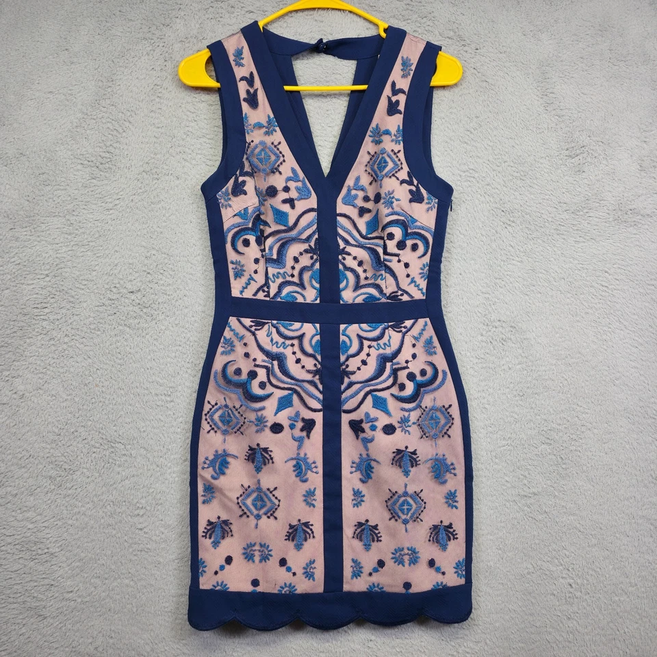 Greylin Dress Womens XS Blue Pink Mesh Floral Embroidered Bodycon Capsule Sheath - Image 1 of 4