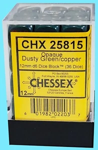 CHESSEX OPAQUE DUSTY GREEN with COPPER d6 12mm NEW CHX25815 dice 36 die set - Picture 1 of 4