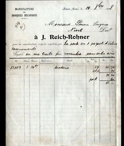 BOHAIN (02) USINE de BRODERIES 'J. REICH-ROHNER" Facture en 1908