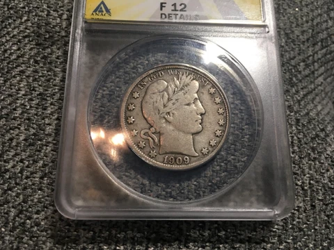 1909-S  .50  ANACS  F 12   Barber Half Dollar, Liberty Head Half, Scratched Cover