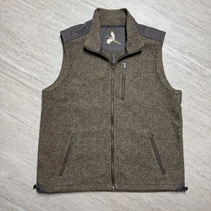 Orvis Fleece Vest Mens Large Full Zip Herringbone Pattern Brown Canvas Shoulders - Picture 1 of 7