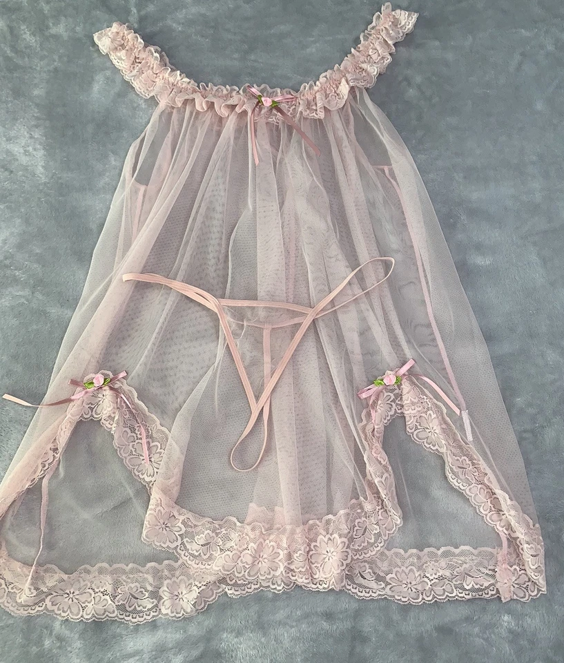 全新 Frilly Lacy Nightie 婴儿娃娃 Negligee XL 内裤缎带 雪纺透明 — 第 1/4 张图片